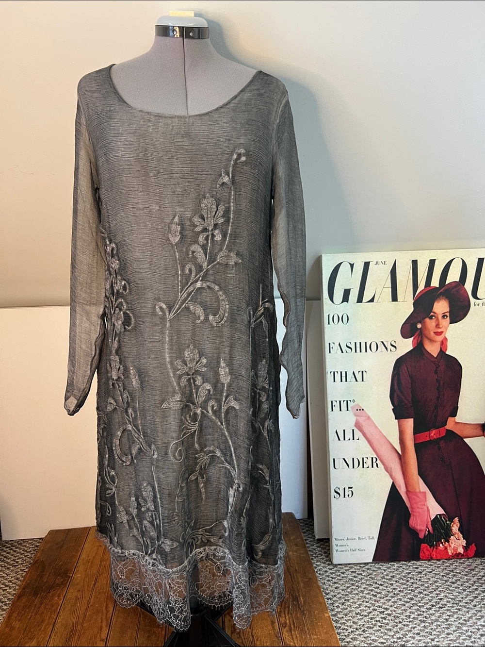 New Soft Surroundings Isadora Silk Dress Long-Sleeve Gray Floral Gauzy